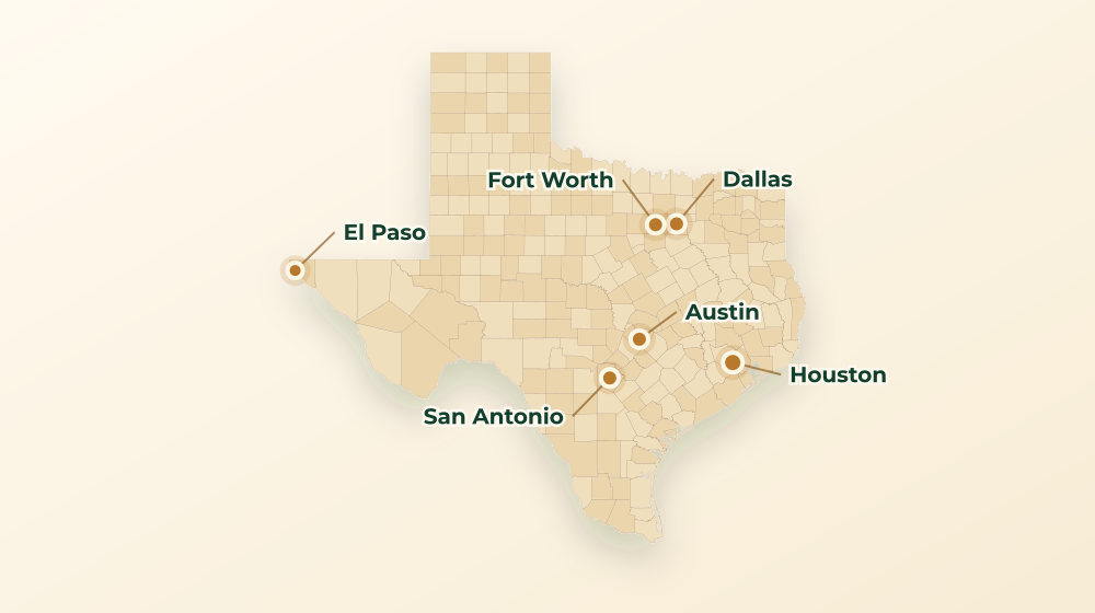 Accurate Texas land service area map with county boundaries and major city labels
